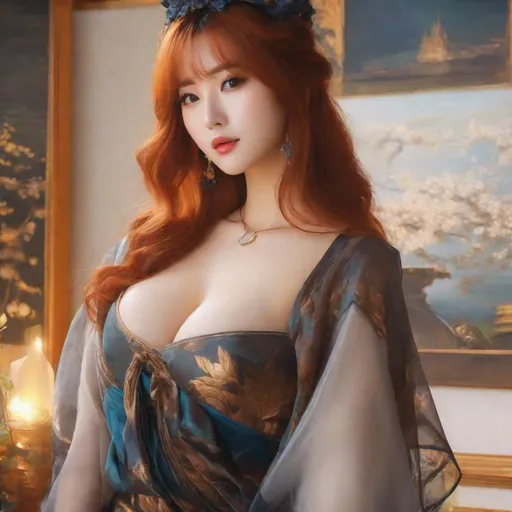 Prompt: My prompt> Masterpiece, Beautiful Japanese woman, 20 year old milf,  ulzzang, realistic kpop idol, red or orange hair. beautiful woman, big chest, B cup, uhd, realistic, 4k, 8k, photoshoot, extremely high definition, perfection, Leonardo da vinci type painting, scenic, portrait, insanity, breathtaking, iridescent, complex, impressive, remarkable, glorious, grandiose, sumptuous, luxurious, 