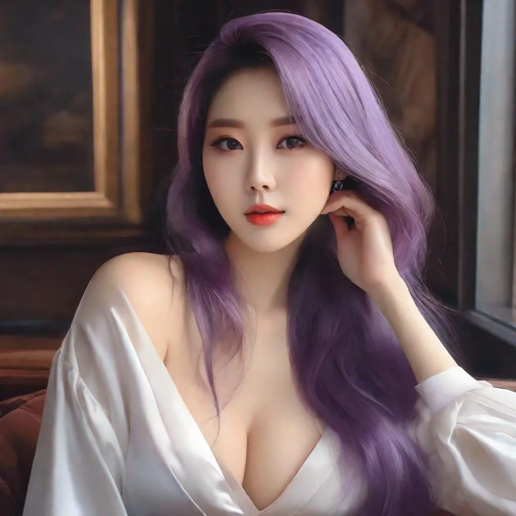 Prompt: My prompt> Humble, Masterpiece, Lee Jaehee, 20 year old milf,  ulzzang, realistic kpop idol,  purple hair, beautiful woman, big chest, B cup, uhd, realistic, 4k, 8k, photoshoot, extremely high definition, perfection, Leonardo da vinci type painting, scenic, portrait, insanity, breathtaking, iridescent, complex, impressive, remarkable, glorious, grandiose, sumptuous, luxurious, 