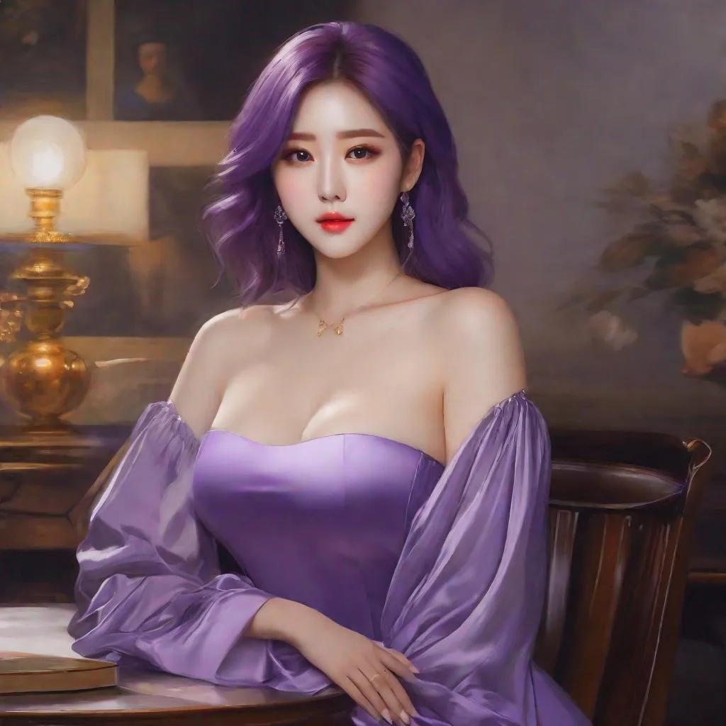 Prompt: My prompt> Humble, Masterpiece, Lee Jaehee, 20 year old milf,  ulzzang, realistic kpop idol,  purple hair, beautiful woman, big chest, B cup, uhd, realistic, 4k, 8k, photoshoot, extremely high definition, perfection, Leonardo da vinci type painting, scenic, portrait, insanity, breathtaking, iridescent, complex, impressive, remarkable, glorious, grandiose, sumptuous, luxurious, 