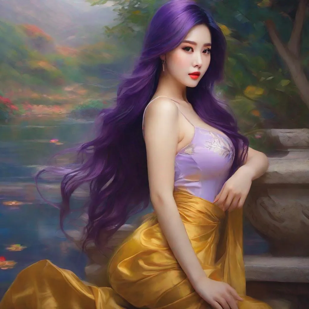Prompt: My prompt> Humble, Masterpiece, Beautiful Vietnamese woman, 20 year old milf,  ulzzang, realistic kpop idol,  purple hair, beautiful woman, big chest, B cup, uhd, realistic, 4k, 8k, photoshoot, extremely high definition, perfection, Leonardo da vinci type painting, scenic, portrait, insanity, breathtaking, iridescent, complex, impressive, remarkable, glorious, grandiose, sumptuous, luxurious, 