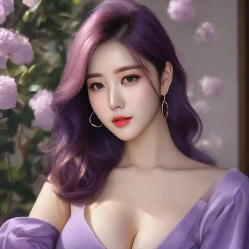 Prompt: My prompt> Humble, Masterpiece, Lee Jaehee, 20 year old milf,  ulzzang, realistic kpop idol,  purple hair, beautiful woman, big chest, B cup, uhd, realistic, 4k, 8k, photoshoot, extremely high definition, perfection, Leonardo da vinci type painting, scenic, portrait, insanity, breathtaking, iridescent, complex, impressive, remarkable, glorious, grandiose, sumptuous, luxurious, 