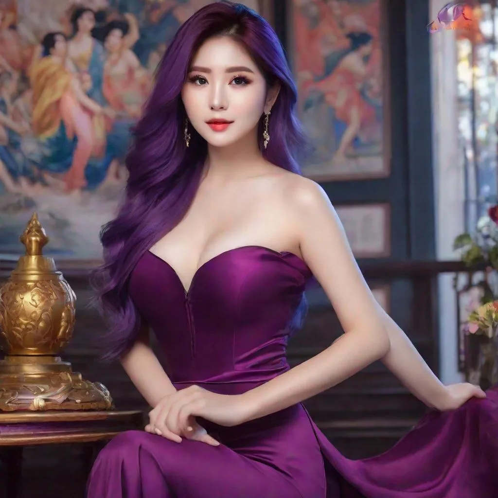 Prompt: My prompt> Humble, Masterpiece, Beautiful Vietnamese woman, 20 year old milf,  ulzzang, realistic kpop idol,  purple hair, beautiful woman, big chest, B cup, uhd, realistic, 4k, 8k, photoshoot, extremely high definition, perfection, Leonardo da vinci type painting, scenic, portrait, insanity, breathtaking, iridescent, complex, impressive, remarkable, glorious, grandiose, sumptuous, luxurious, 