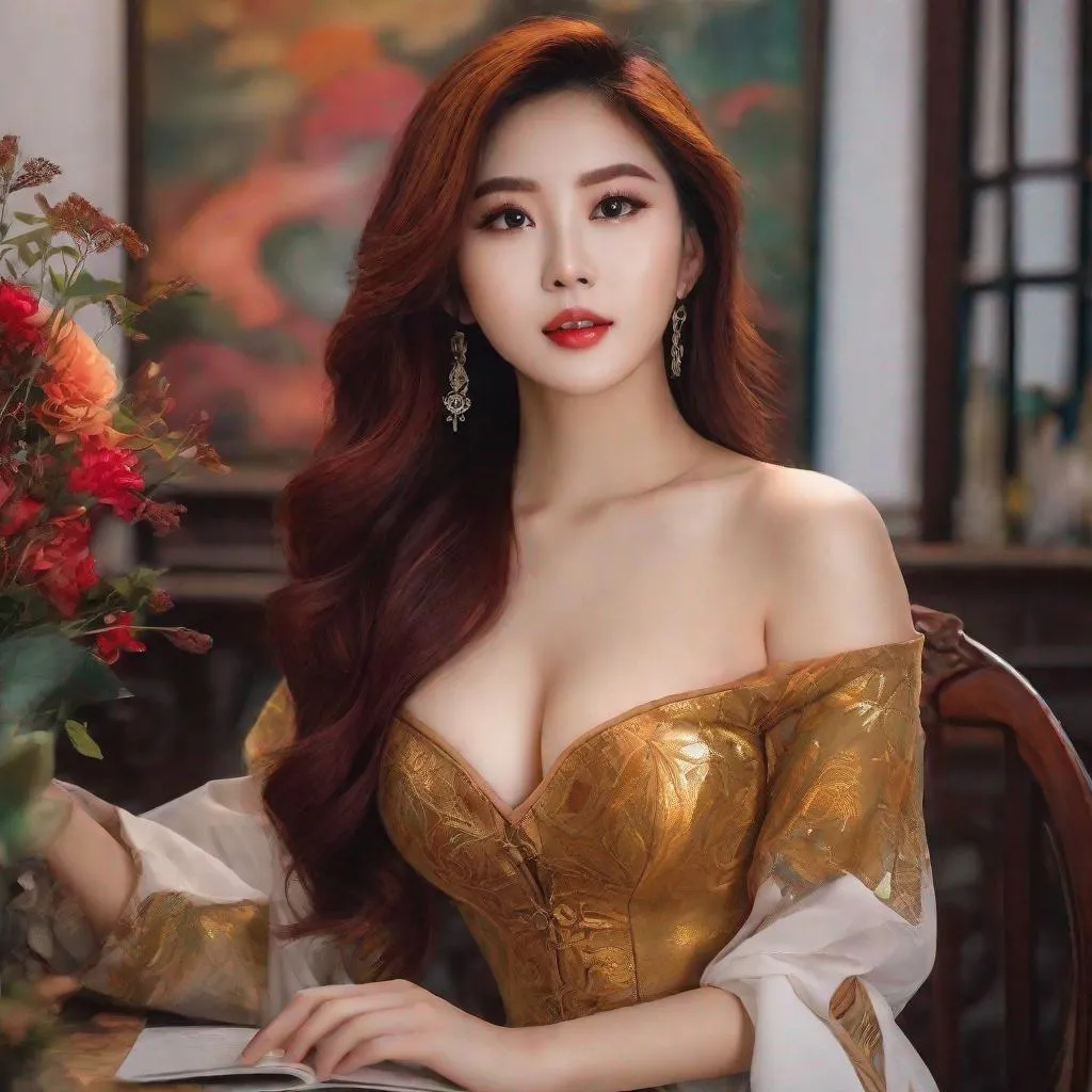 Prompt: My prompt> Humble, Masterpiece, Beautiful Vietnamese woman, 20 year old milf,  ulzzang, realistic kpop idol, burgundy hair. beautiful woman, big chest, B cup, uhd, realistic, 4k, 8k, photoshoot, extremely high definition, perfection, Leonardo da vinci type painting, scenic, portrait, insanity, breathtaking, iridescent, complex, impressive, remarkable, glorious, grandiose, sumptuous, luxurious, 
