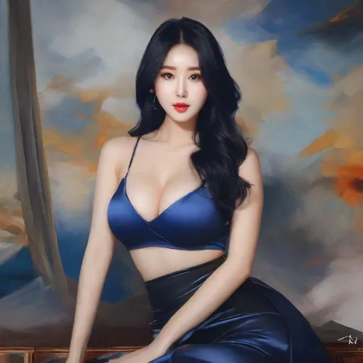 Prompt: My prompt> Humble, Masterpiece, Kang Mina type face, Kang Mina type body, 20 year old milf, from his pov,  ulzzang, realistic kpop idol,  dark blue hair, beautiful woman, big chest, B cup, uhd, realistic, 4k, 8k, photoshoot, extremely high definition, perfection, Salvador Dalí type painting, scenic, portrait, insanity, breathtaking, iridescent, complex, impressive, remarkable, glorious, grandiose, sumptuous, luxurious, 