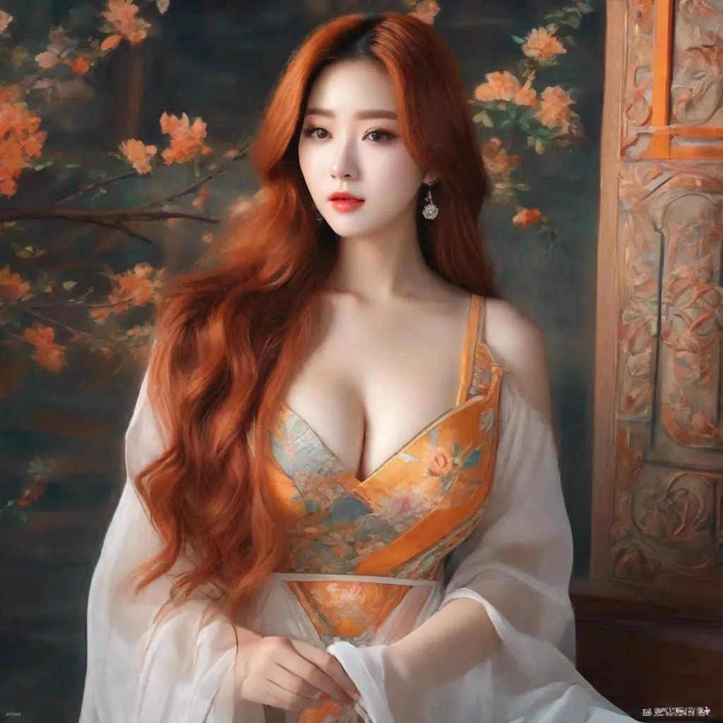 Prompt: My prompt> Humble, Masterpiece, Beautiful Chinese woman, 20 year old milf,  ulzzang, realistic kpop idol, red or orange hair. beautiful woman, big chest, B cup, uhd, realistic, 4k, 8k, photoshoot, extremely high definition, perfection, Leonardo da vinci type painting, scenic, portrait, insanity, breathtaking, iridescent, complex, impressive, remarkable, glorious, grandiose, sumptuous, luxurious, 