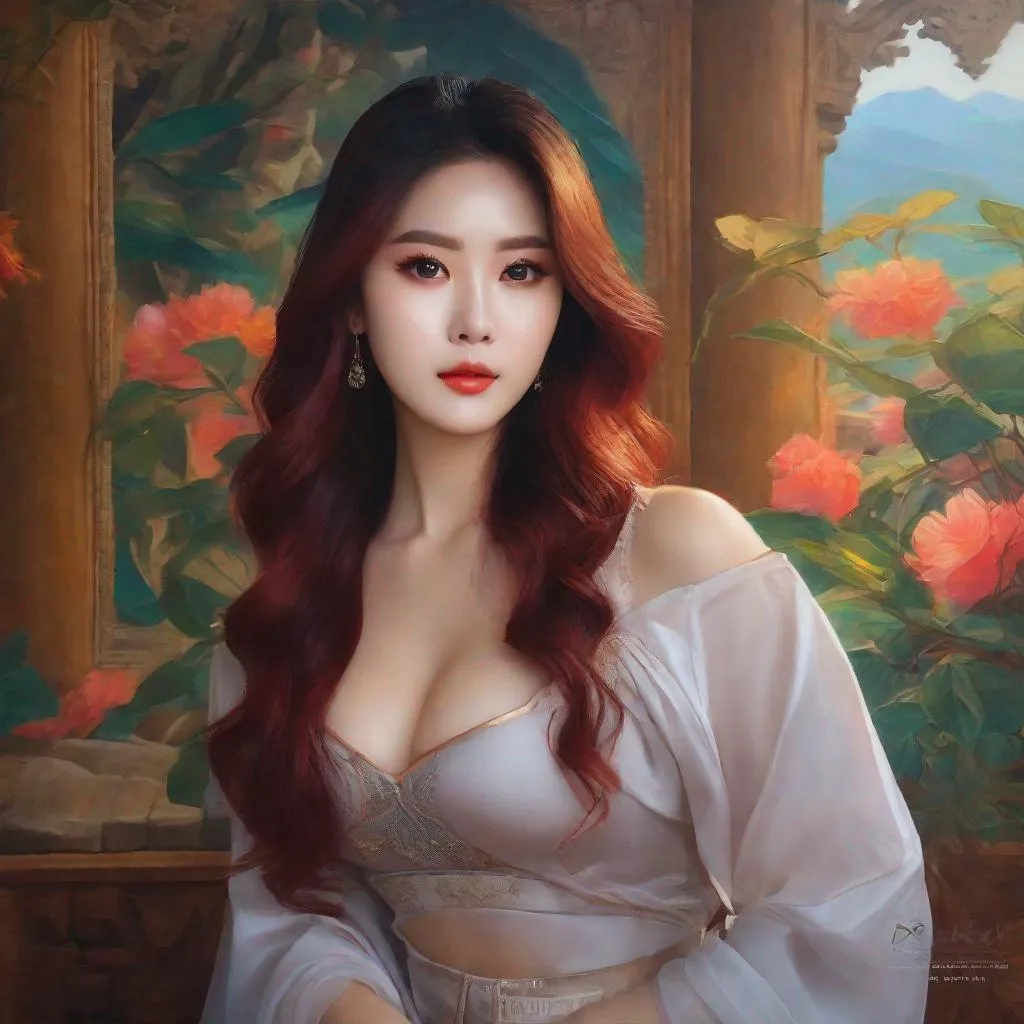 Prompt: My prompt> Humble, Masterpiece, Beautiful Vietnamese woman, 20 year old milf,  ulzzang, realistic kpop idol, burgundy hair. beautiful woman, big chest, B cup, uhd, realistic, 4k, 8k, photoshoot, extremely high definition, perfection, Leonardo da vinci type painting, scenic, portrait, insanity, breathtaking, iridescent, complex, impressive, remarkable, glorious, grandiose, sumptuous, luxurious, 