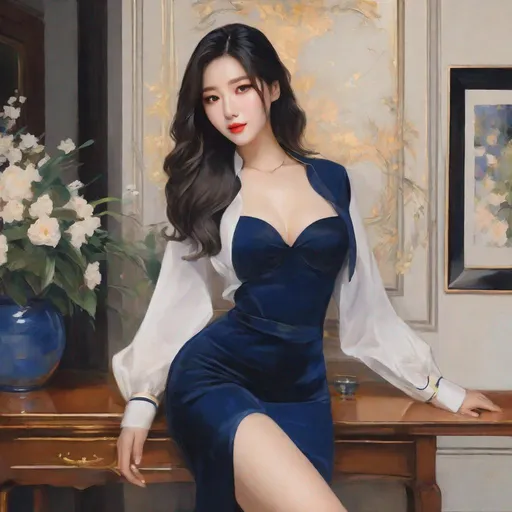 Prompt: My prompt> Humble, Masterpiece, Lee Jaehee, 20 year old milf, from his pov,  ulzzang, realistic kpop idol,  dark blue hair, beautiful woman, big chest, B cup, uhd, realistic, 4k, 8k, photoshoot, extremely high definition, perfection, Henri Émile Benoît Matisse type painting, scenic, portrait, insanity, breathtaking, iridescent, complex, impressive, remarkable, glorious, grandiose, sumptuous, luxurious, 