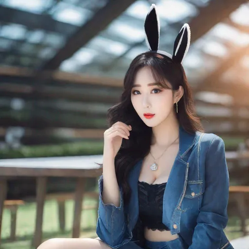 Prompt: My prompt> Humble, Masterpiece, Kang Mina type face, Kang Mina type body, 20 year old milf, from his pov,  ulzzang, realistic kpop idol,  dark blue hair, beautiful woman, big chest, B cup, uhd, realistic, 4k, 8k, photoshoot, extremely high definition, perfection, Sasha Stone type photography, bunny girl, playbunny, scenic, portrait, insanity, breathtaking, iridescent, complex, impressive, remarkable, glorious, grandiose, sumptuous, luxurious, 