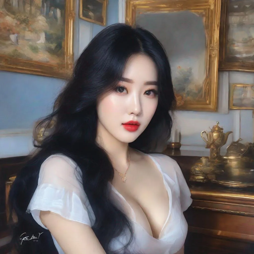 Prompt: My prompt> Humble, Masterpiece, Kang Mina type face, Kang Mina type body, 20 year old milf, from his pov,  ulzzang, realistic kpop idol,  dark blue hair, beautiful woman, big chest, B cup, uhd, realistic, 4k, 8k, photoshoot, extremely high definition, perfection, Salvador Dalí type painting, scenic, portrait, insanity, breathtaking, iridescent, complex, impressive, remarkable, glorious, grandiose, sumptuous, luxurious, 