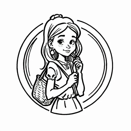 Prompt: The beautiful girl is a long-haired princess holding a small straw bag,Round logo design,  white background, simple style, vector,