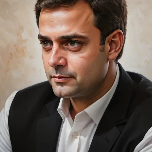 Prompt: Rahul Gandhi portrait, oil painting, detailed facial features, formal attire, high quality, realistic, warm tones, soft lighting