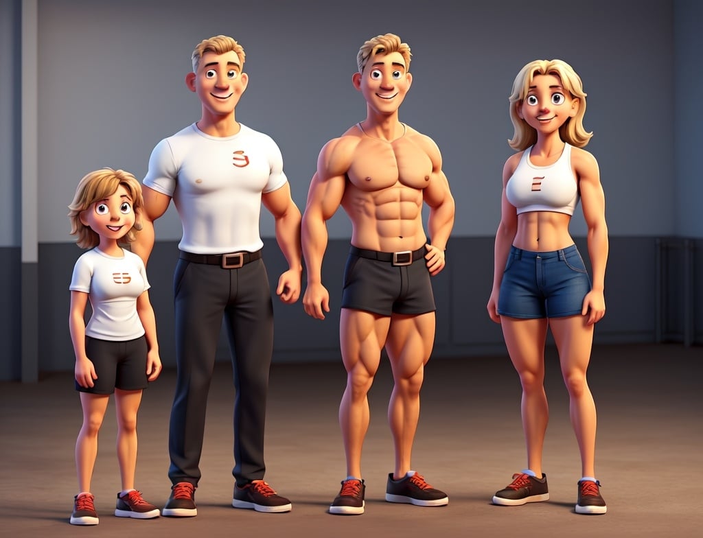 Prompt: athletic young muscled mum, dad
 standing next to each other
