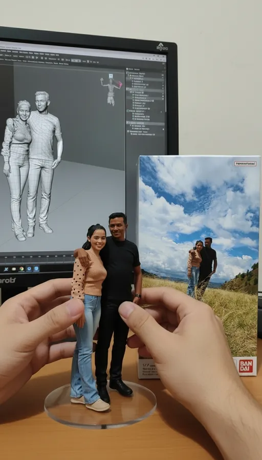 Prompt: Nure two hand gently pick up the figure on the frame and rotate it slightly for inpection.the model in the packaging box remain stationary,while all other background elements stay unchanged.