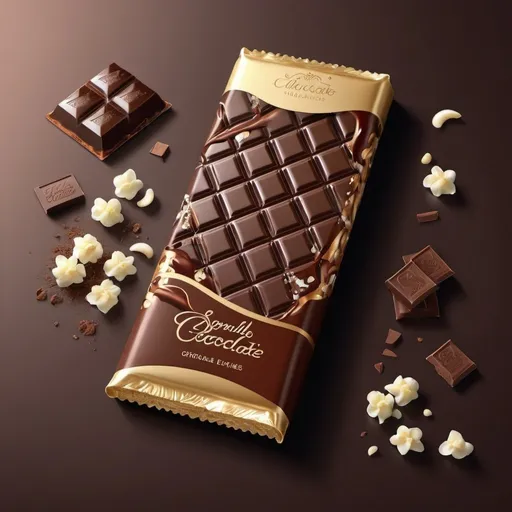 Prompt: Chocolate bar with vanilla flakes, luxurious packaging, high quality, detailed texture, realistic, vibrant and indulgent colors, elegant design, glossy finish, mouth-watering, tempting, irresistible, delectable, luxurious, delicious, dessert, confectionery, sweet treat, decadent, rich, sumptuous, exquisite, alluring, best quality, packaging design, attractive, high-end, premium, detailed, mouth-watering presentation, vibrant, luscious, desirable, best-selling, sumptuous, appealing