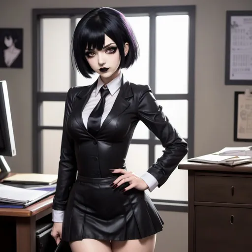 Prompt: an anime style gothic teacher with short a line cut black hair, black lipstick, and a risqué secretary style outfit that is very revealing