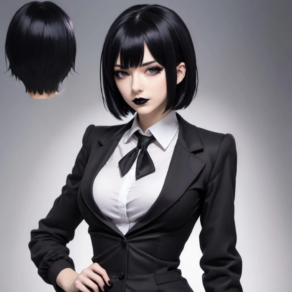 Prompt: an anime style gothic teacher with short a line cut black hair, black lipstick, and a skimpified secretary style outfit that is very revealing