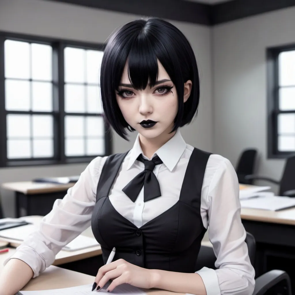 Prompt: an anime style gothic teacher with short a line cut black hair, black lipstick, and a skimpified secretary style outfit that is very revealing