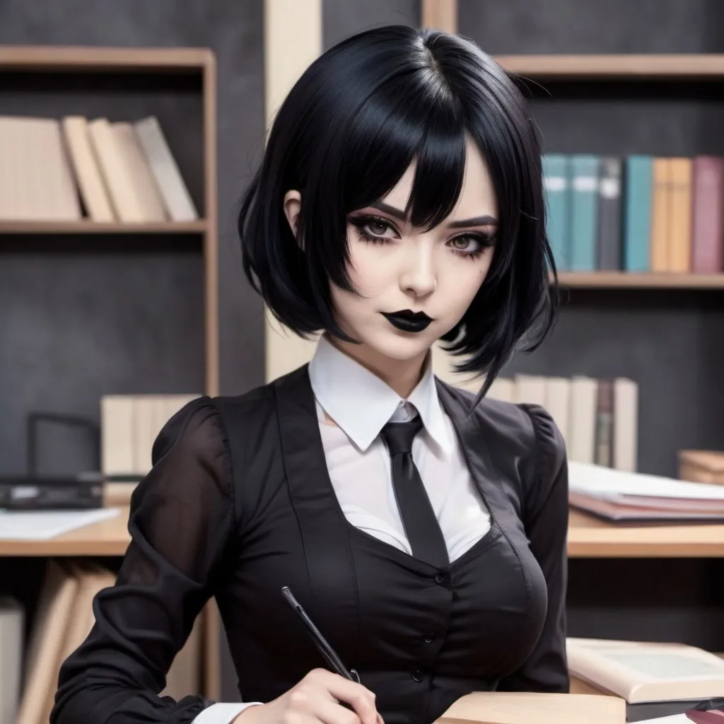 Prompt: an anime style gothic teacher with short a line cut black hair, black lipstick, and a risqué secretary style outfit that is very revealing