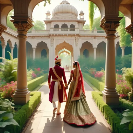 Prompt: (indian king and queen couple running), captured from the back view, walking through a lush palace garden, elaborate royal attire fluttering in the wind, vibrant colors reflecting their regalia, soft sunlight filtering through greenery, a sense of adventure and unity, motion captured sharply, (highly detailed), (4K), romantic ambiance, (historical theme).