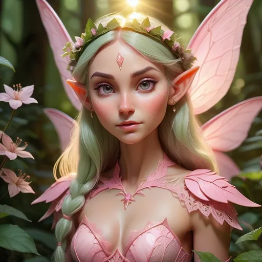 Prompt: Elf ranger with symmetrically exact features, perfect skin, wearing a tiny pink large chest, surrounded by perennial fairies, mystical forest with sunlight, high quality, fantasy, detailed facial features, pastel colors, enchanting lighting, pink lace, mystical forest, feminine, ethereal, woodland, fantasy art