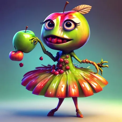 Prompt: Apple in a mini-dress dancing with legs and hands, high-quality 3D rendering, vibrant and colorful, playful and whimsical, surreal concept, detailed features, fantasy, lively animation, fruit character, dynamic pose, energetic and fun, cute design, polished finish, artistic rendering, fantasy colors, bright and dynamic lighting, stylish costume