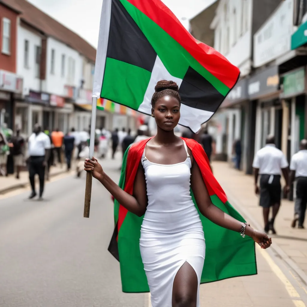 Prompt: Tall young Ghanaian woman walking down the high street, holding a flag of black, white, red and green colors 