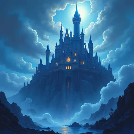 Prompt: A bluish castle in a panel, ominous component, bluish and dark colors, golden contrasts, sparking clouds, full view. Manwha style, omniscient reader's viewpoint style, not 3D, nor simple 2D