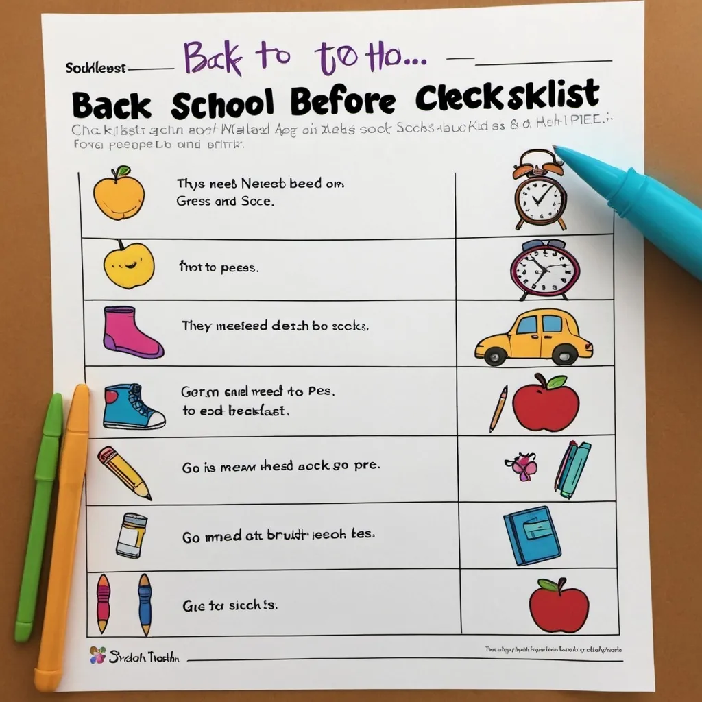 Prompt: back to school before school checklist for 3 kids, ages 9, 6, 5. they need to make bed, get dressed, shoes and socks on, brush teeth, go pee, eat breakfast