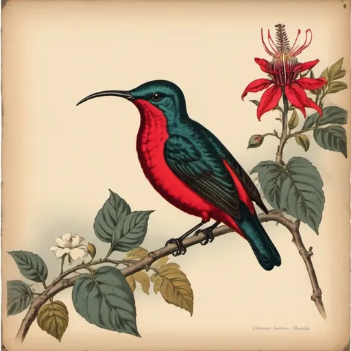 Prompt: crimson sunbird in vintage print 
