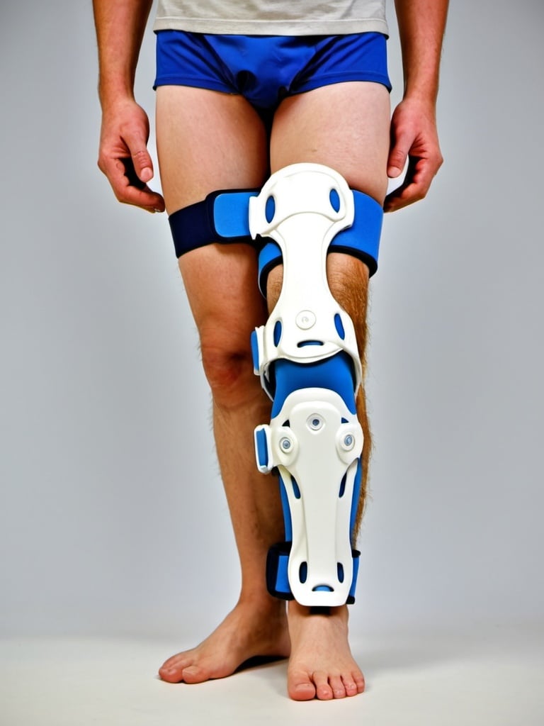 Prompt: There is a patient who needs a KAFO (knee, ankle, foot orthosis) on his left leg due to an injury in his left knee. The device should be made of metal. Generate an image of this device on the patient's left leg. The orthosis should measure 50 cm from the hip to the knee and 42 cm from the knee to the ankle. The orthosis should be realistic and accurately placed on the patient's left leg.