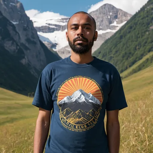 Prompt: Man standing in front of mountain with SEGE VIBEZ XVIIII on his shirt