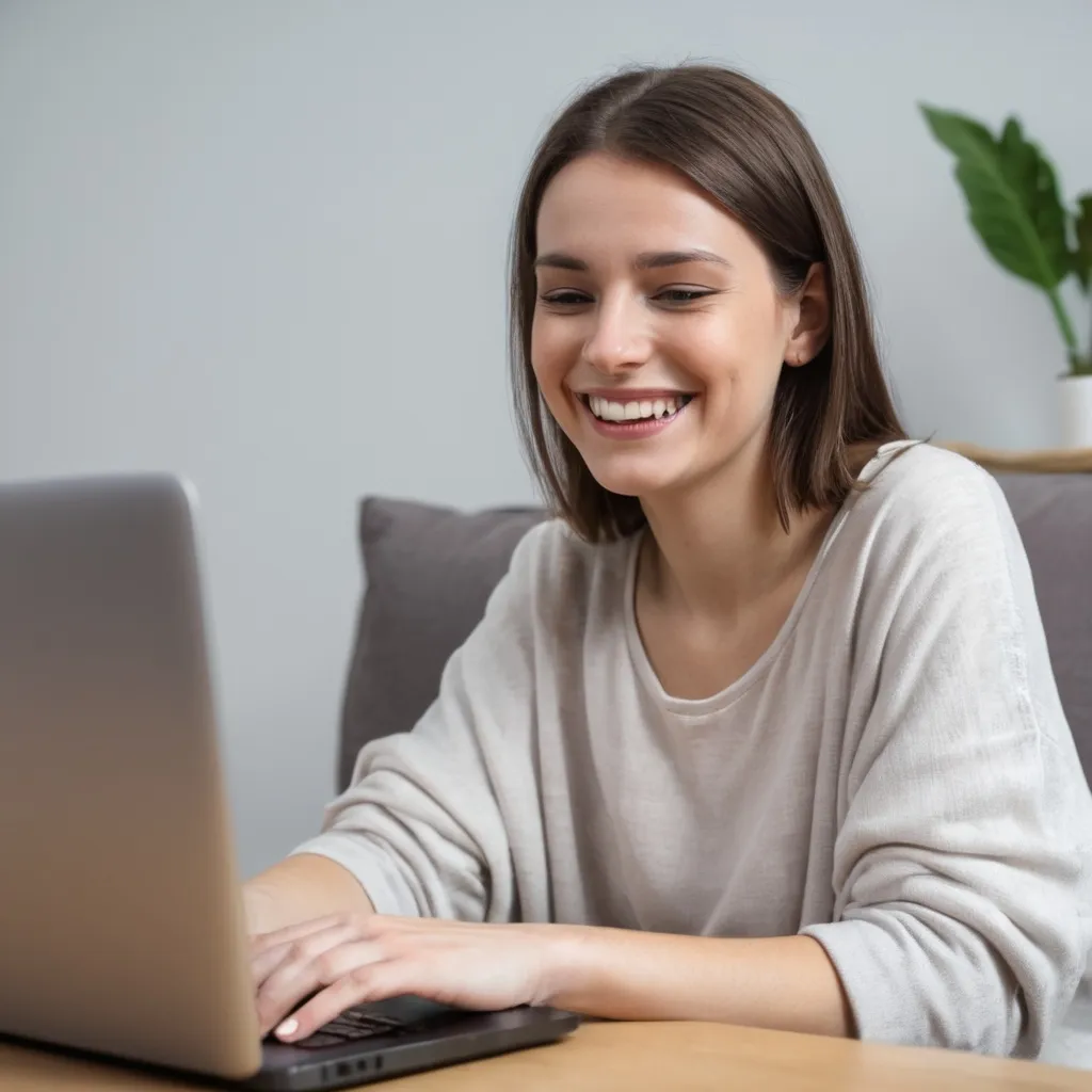 Prompt: a young woman having online therapy, very pleased, going well

