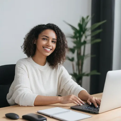 Prompt: young woman at desk agrees therapy goals on webcam