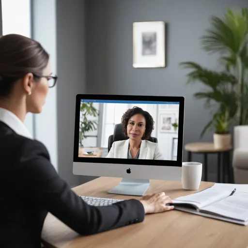 Prompt: sophisticated business woman, agreeing therapy goals during online therapy conference call with view of therapist on desktop screen 
