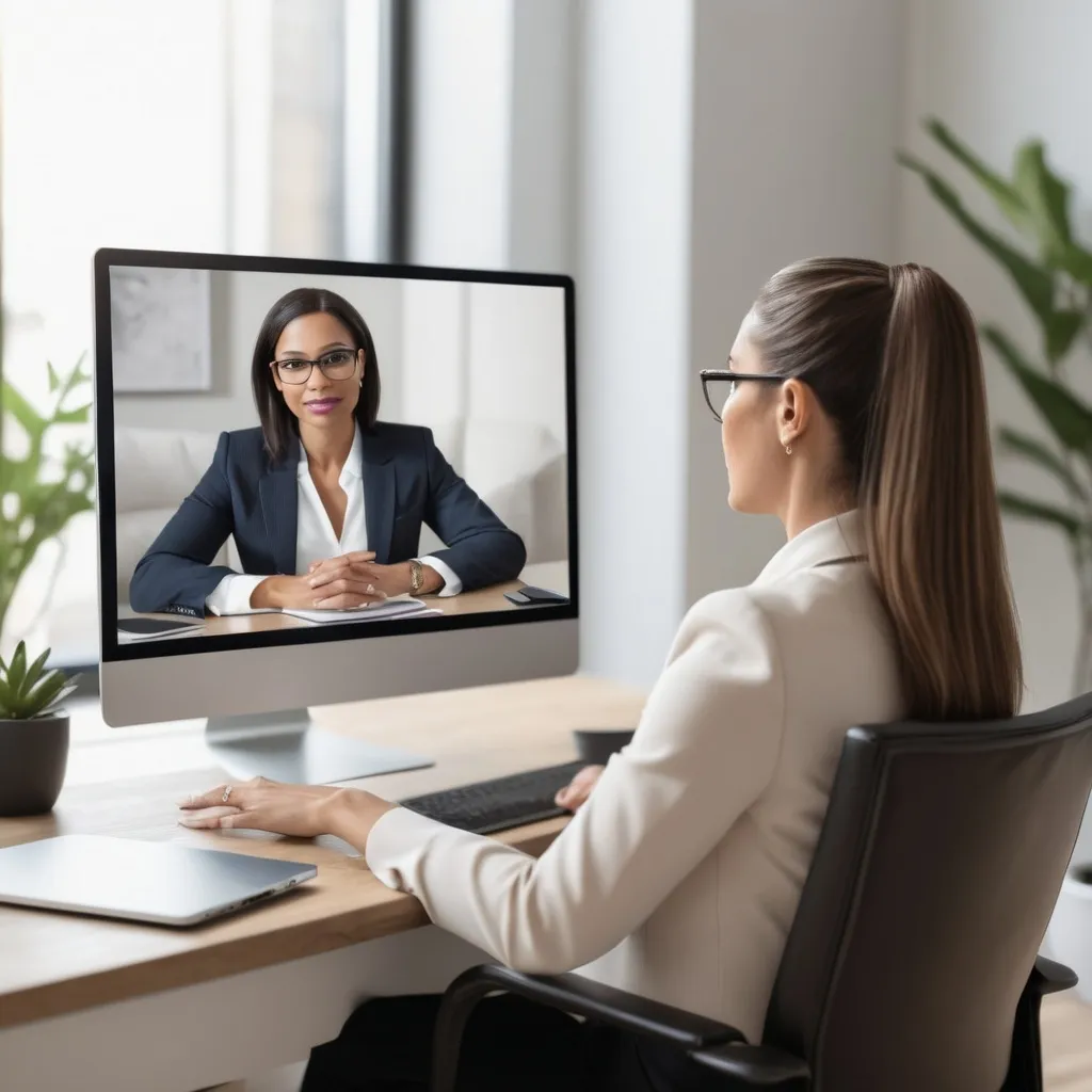 Prompt: sophisticated business woman, agreeing therapy goals during online therapy conference call with view of therapist on desktop screen
