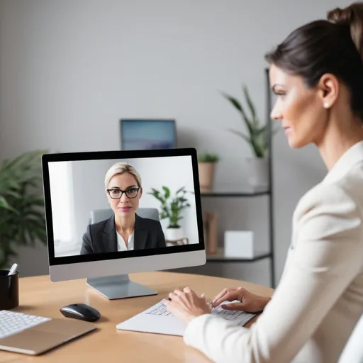 Prompt: sophisticated business woman, agreeing therapy goals during online therapy conference call with view of therapist on desktop screen
