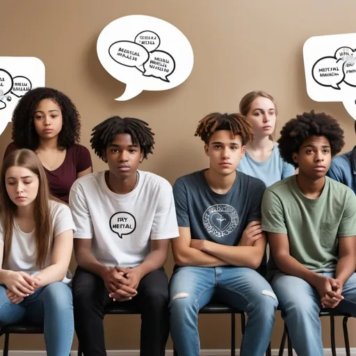 Prompt: A realistic photo of a diverse group of young people sitting together, with thought bubbles above their heads showing symbols of mental health issues like a broken heart or tangled thoughts. In the background, there are signs representing different cultural beliefs and stigmas around mental health. An empty chair sits at the center, symbolizing the barrier preventing these young people from seeking help.
