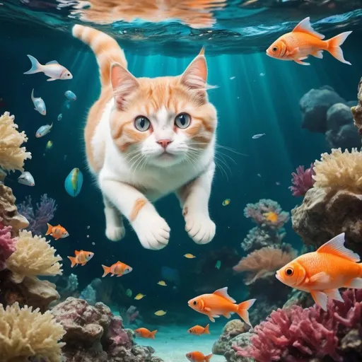 Prompt: a cat is swimimg under the sea with some beutifull fishes