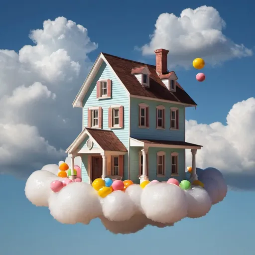 Prompt: A house make by candy floating in the cloud