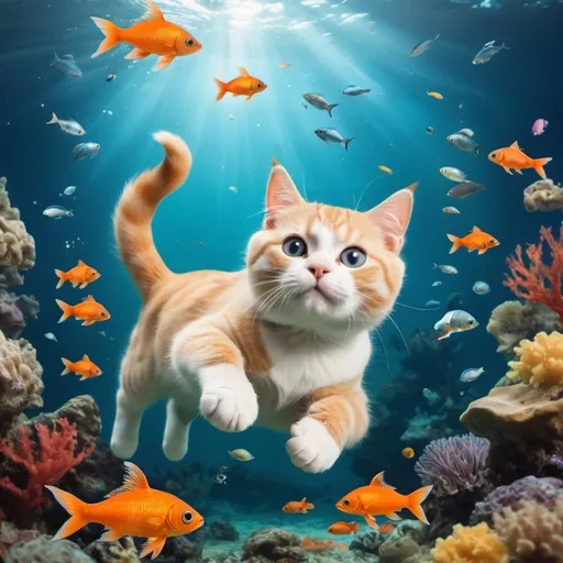 Prompt: a cat is swimimg under the sea with some beutifull fishes