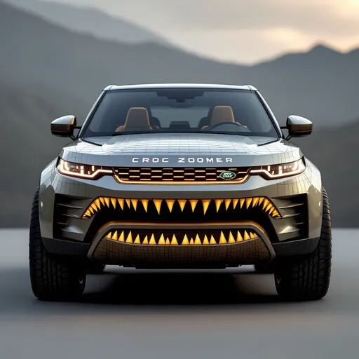 Prompt: Front photo of a new land rover car called the Croc Zoomer. Needs to have a teeth showing on the grill like a crocodile mouth. 