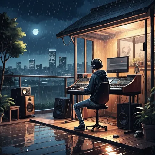 Prompt: Music studio in night, style manga with one guy who listen music. It's raining outdoor
