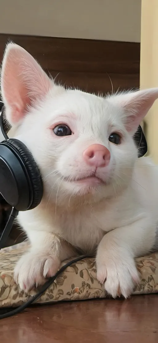 Prompt: Smol cat-pig smugly enjoying 90s music