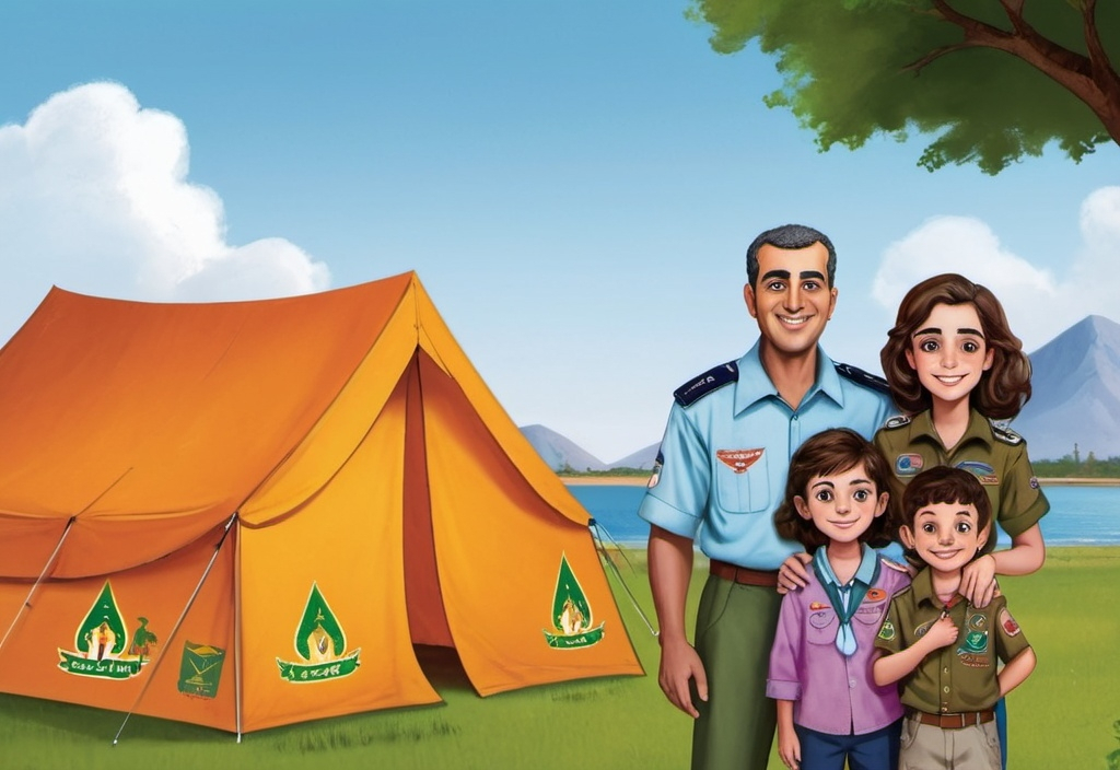 Prompt: a family standing in front of a tent with a sign that says scouts in arabic and a picture of a man and woman with two children, Ahmed Yacoubi, lyco art, promotional image, a storybook illustration