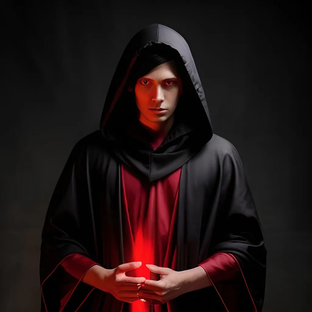 Prompt: young adult male tiefling acolyte wizard, pale skin with red eyes. black hair and wearing a large hooded robe which covers his head