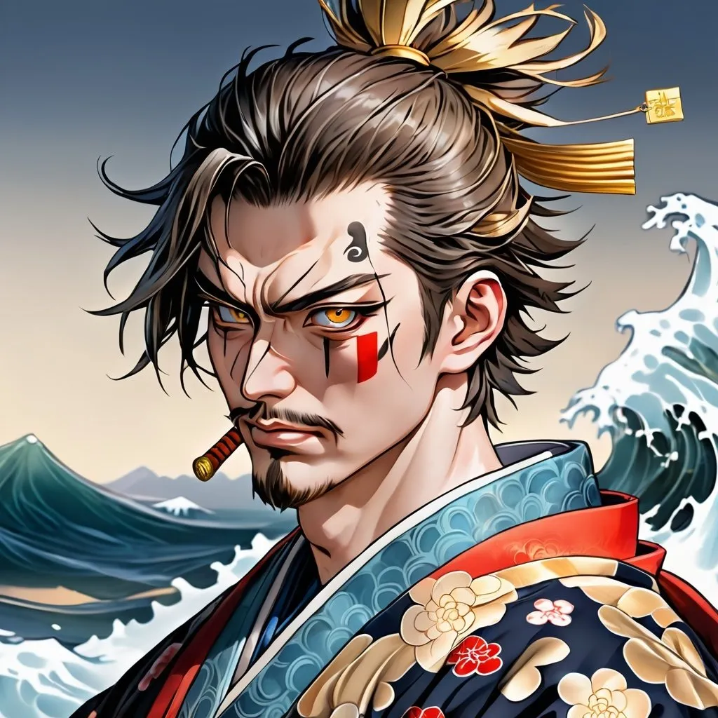 Prompt: half body anime illustration of a confident samurai man wearing traditional Japanese Oni mask, traditional kimono, holding a gold coin standing in the sea, detailed facial expression, ocean backdrop, Genshin Impact inspired dynamic pose, high definition, clean lineart, psychopathic, confident gaze, detailed eyes, traditional Japanese, anime, detailed fur, gold coin, intense expression, ocean backdrop, detailed, highres, clean line, professional, atmospheric lighting, detailed eyes, confident pose