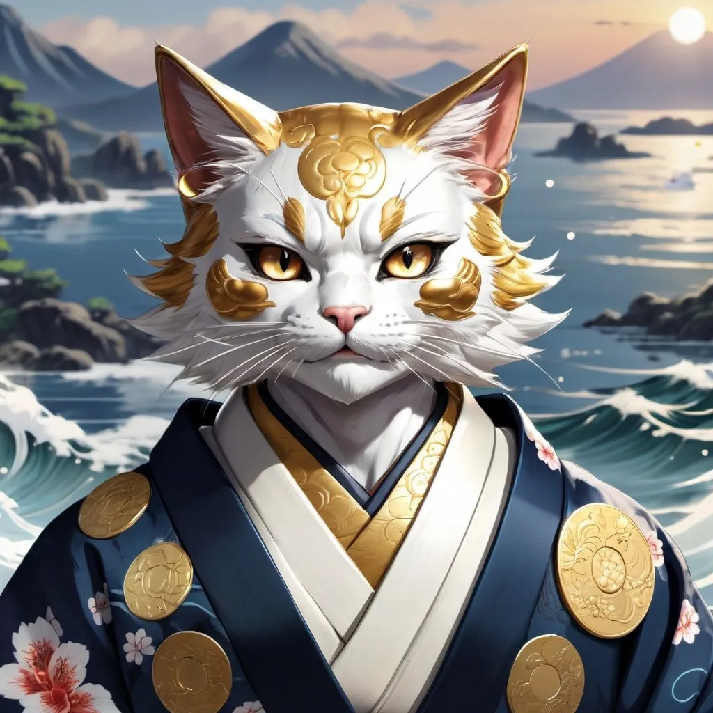 Prompt: Close-up anime illustration of a confident cat-man, traditional kimono, holding a gold coin, detailed facial expression, ocean backdrop, Genshin Impact inspired, high definition, clean lineart, psychopathic, confident gaze, detailed eyes, traditional Japanese, anime, detailed fur, gold coin, intense expression, ocean backdrop, detailed, highres, clean line, professional, atmospheric lighting, detailed eyes, confident pose
