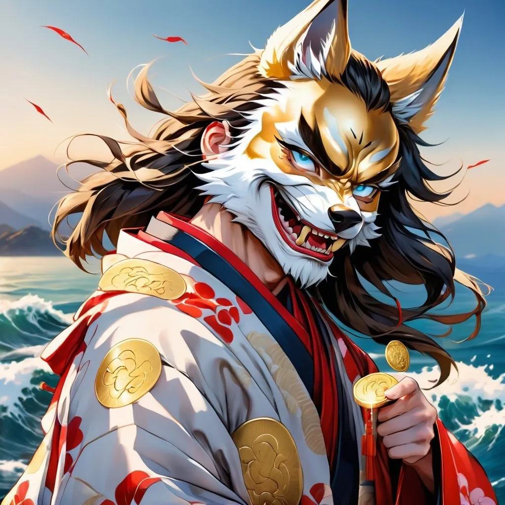 Prompt: anime illustration of a confident samurai man with wolf mask, traditional kimono, holding a gold coin, detailed facial expression, ocean backdrop, Genshin Impact inspired pose, high definition, clean lineart, psychopathic, confident gaze, detailed eyes, traditional Japanese, anime, detailed fur, gold coin, intense expression, ocean backdrop, detailed, highres, clean line, professional, atmospheric lighting, detailed eyes, confident pose