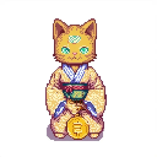 Prompt: pixel art, of an anime cat man holding a gold coin wearing a traditional kimono, inspire posture by Genshin impact 