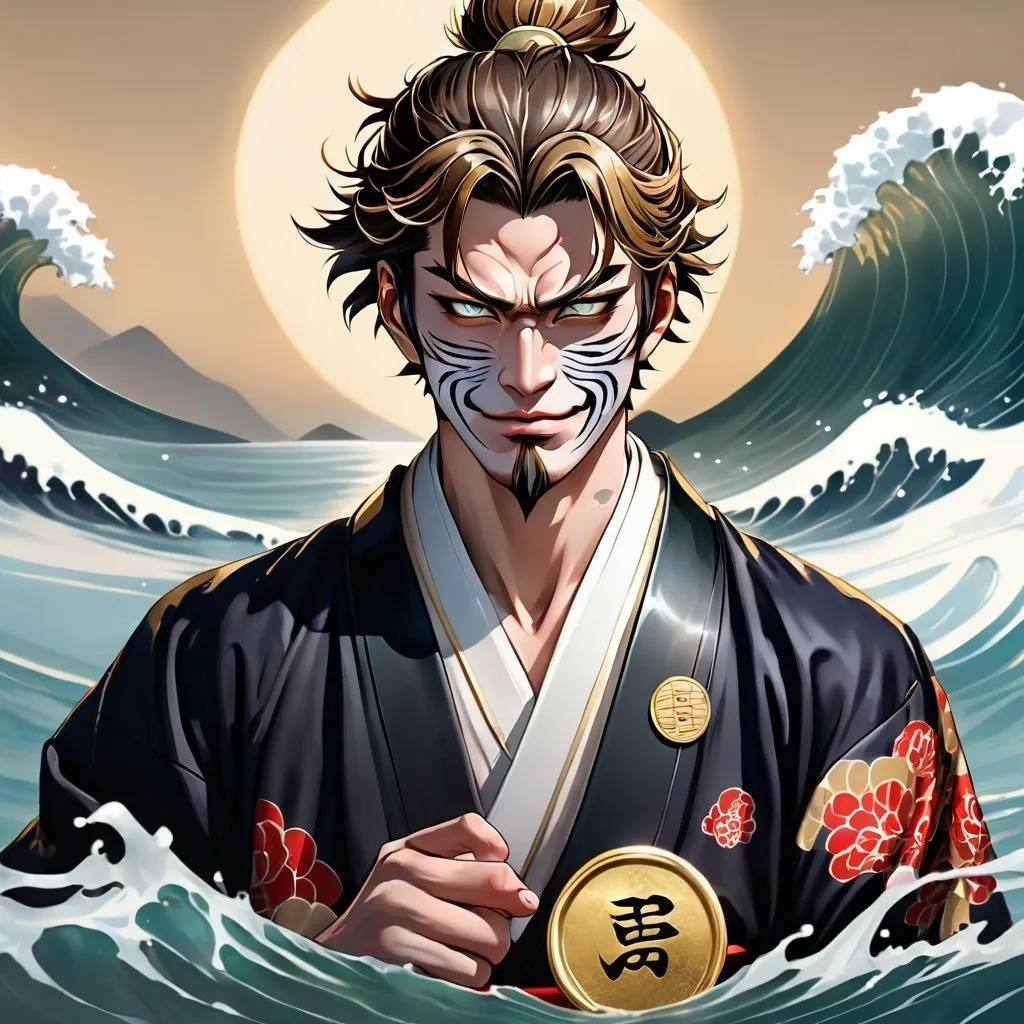 Prompt: half body anime illustration of a confident samurai man wearing traditional Japanese Oni mask, traditional kimono, holding a gold coin standing in the sea, detailed facial expression, ocean backdrop, Genshin Impact inspired dynamic pose, high definition, clean lineart, psychopathic, confident gaze, detailed eyes, traditional Japanese, anime, detailed fur, gold coin, intense expression, ocean backdrop, detailed, highres, clean line, professional, atmospheric lighting, detailed eyes, confident pose